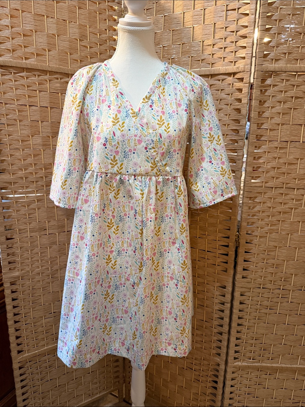 Hand Crafted Cream Floral Midi Dress with Pink & Yellow Accents
